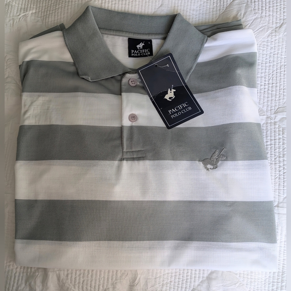 NWT...Pacific Polo Club Gray and White Striped Polo Shirt Size L